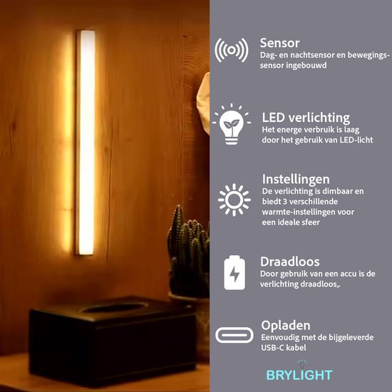 Brylight - Nachtlampje Volwassenen - Slaapkamer Bed Verlichting- Draadloos met Sensor- Voeteneinde Licht - Lamp - Oplaadbaar - Zonder Boren - Onderbouw Verlichting- Bedlampje - Keukenverlichting Onderbouw Led - Nachtlampje kinderen van Brylight — afbeelding 2