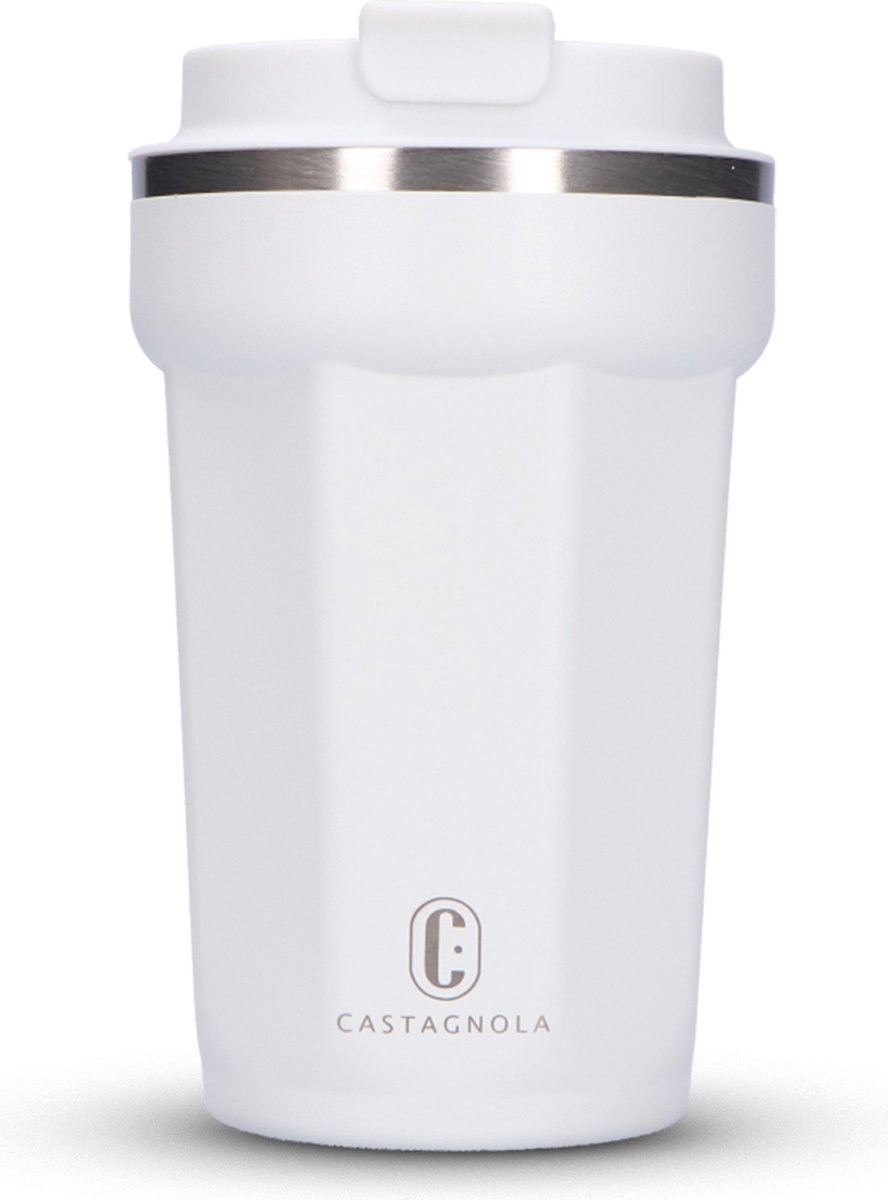Castagnola Thermosbeker - Koffiebeker To Go - Travel Mug voor Koffie en Thee - Theebeker - 380 ML - RVS - Wit - Octagon