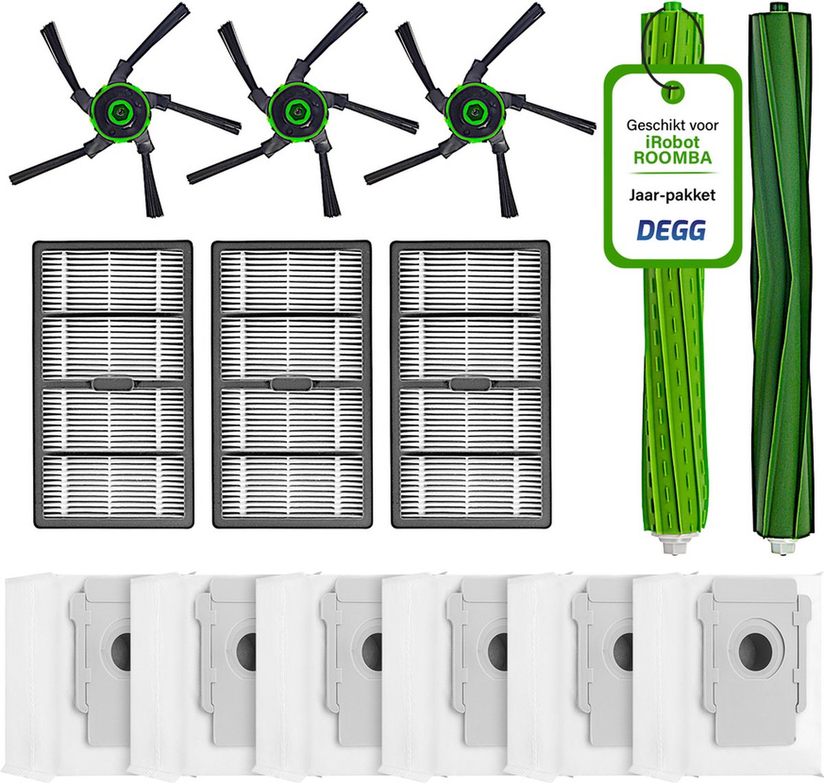 DEGG - Onderhoudspakket XXL - Geschikt voor iRobot Roomba S9 & S9+ 3x zijborstel, 3x HEPA filter, 2x Borstels (rollers), 6 Stofzuigerzakken - Premium Kwaliteit