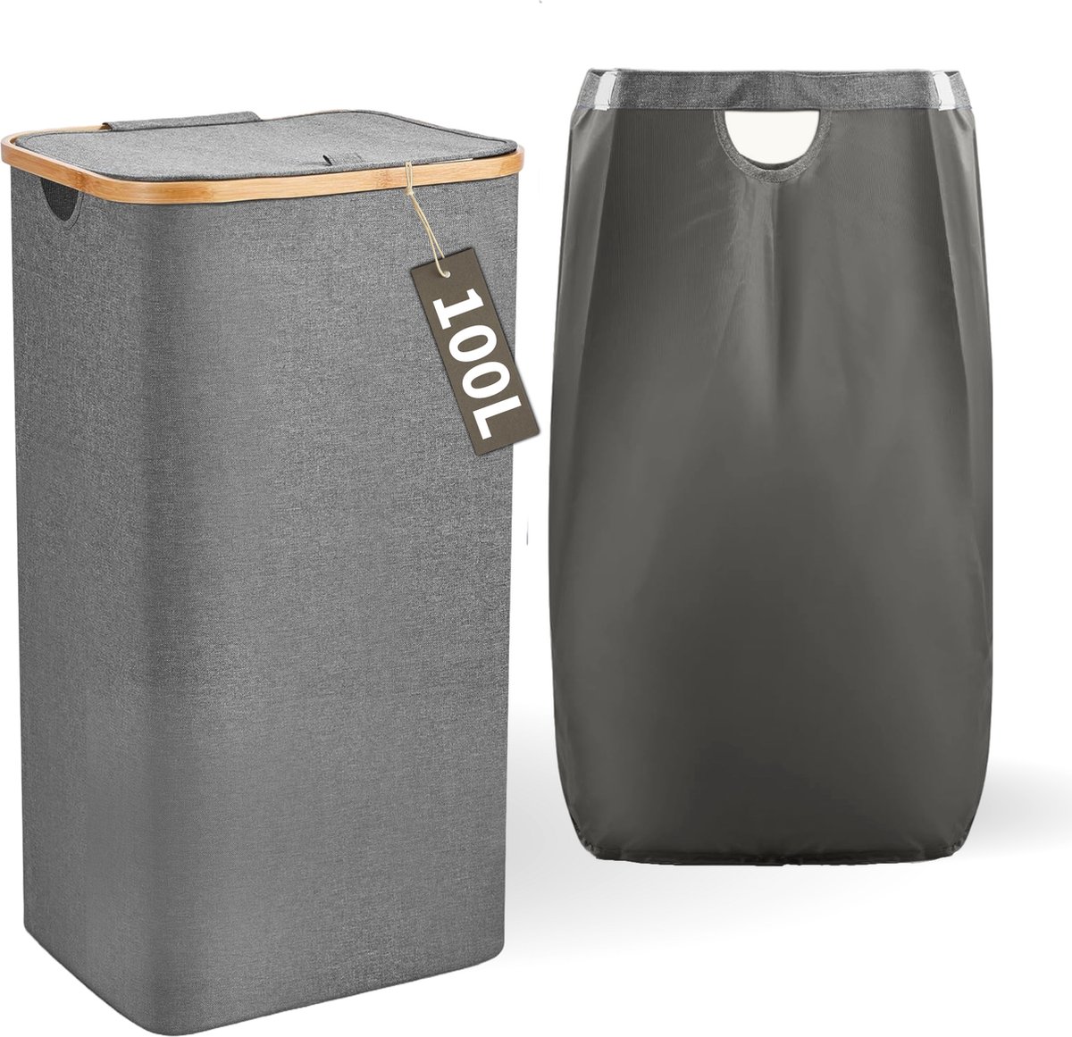 Goedkoopste Wasmand met Deksel en Waszak - 100L - Groot Formaat - Wasmand - Opvouwbaar - Opbergmand - Linnen - Grijs