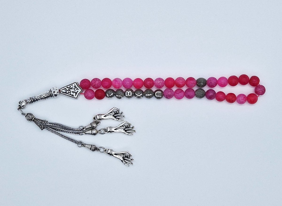 Handgemaakte naam tasbih 33 Kralen Natuursteen “Banded Agaat Magenta roze” - met metaal tassel “ Handpalm"- Met je naam of de naam van uw geliefde- 8 mm diameter van de korrel