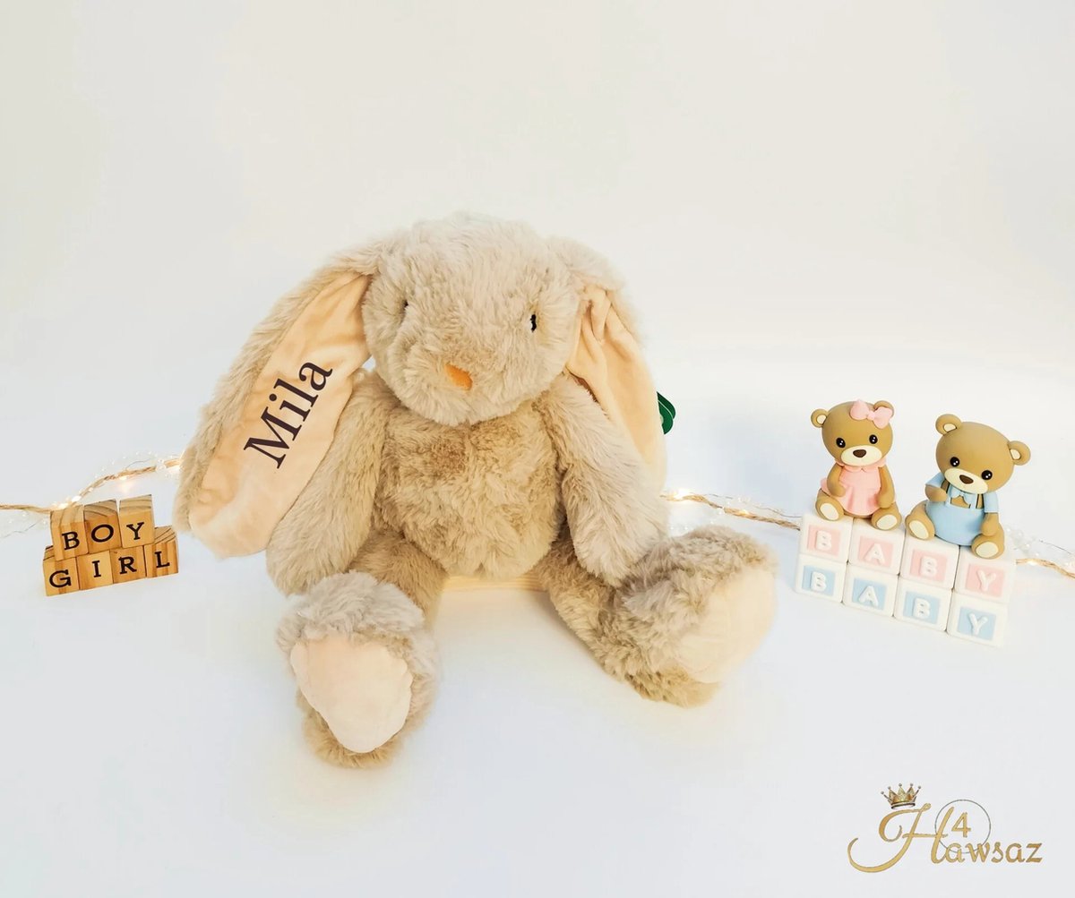 Goedkoopste Kraamcadeau met naam - Baby knuffel bruin- Hawsaz.nl cadeau - kraamcadeau met naam - kado - konijn - Lief - knuffel konijn 40 cm - Naam Personaliseren - Babyshower cadeau - voor jongens en meisjes - Bunnies - Newborn gift -Geborduurd