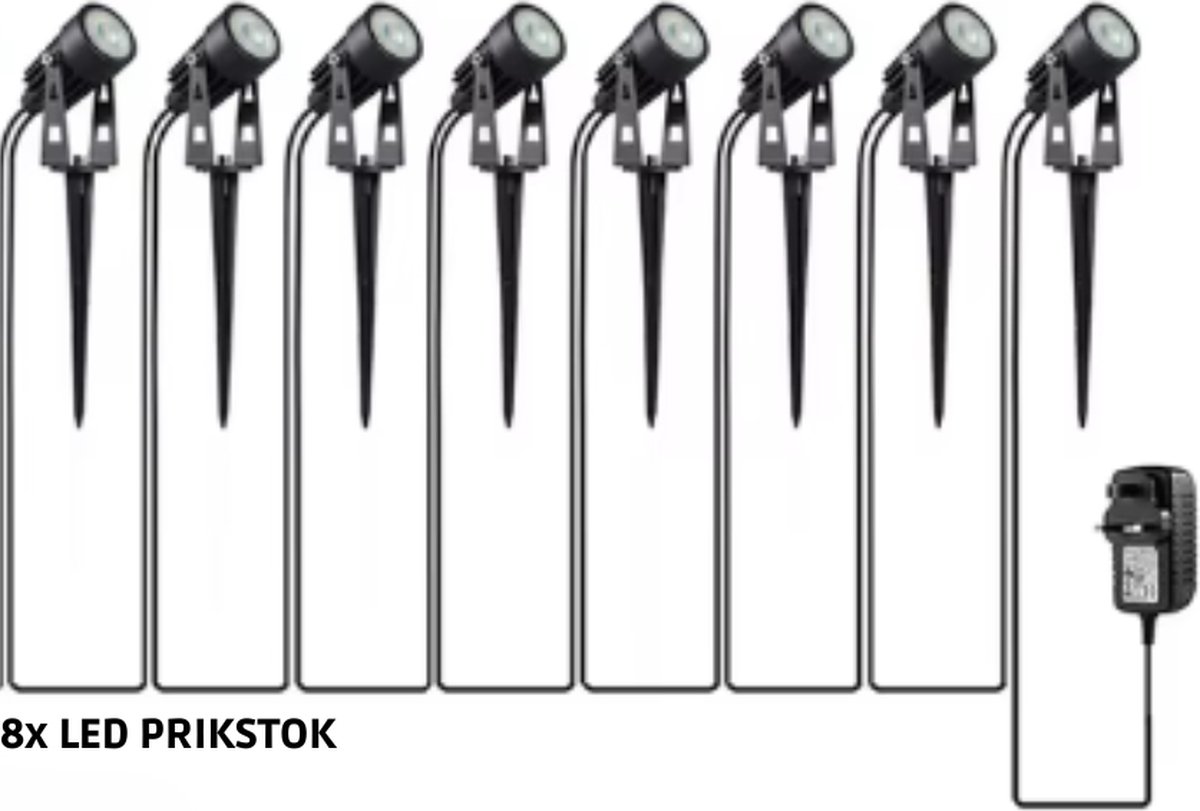 Lichtendirect-Tuinverlichting-Prikstok- 18 Meter- 8x LED Spots- Warm wit- Tuinspot -Waterdicht – Kantelbaar- Lantaarn- Buitenlamp- Padverlichting- Tuinlantaarn-Led buitenverlichting