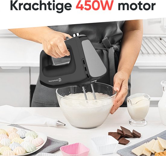 Kitchenwell Handmixer - 5-snelheden - 450W - Turbo & Puls functie - Deeghaken - Kloppers & Garde - Opberghouder - Zwart van Kitchenwell — afbeelding 5