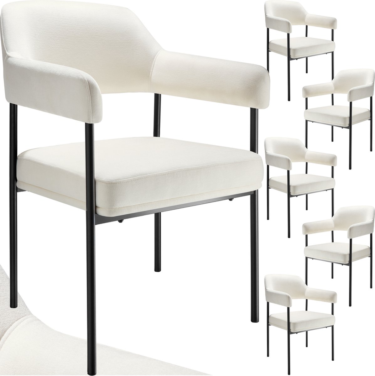 Tectake Eetkamerstoel met Armleuning - Set van 6 Eetkamerstoelen - Geweven stof - Open Rugleuning - Gestoffeerd met Stalen Poten - Stoelen voor Eetkamer - Gebroken Wit offwhite