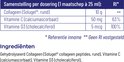 Tabel met samenstelling per dosering, waaronder Collageen (Solugel, rund) 10 g, Vitamine C 50 mg (63% RI) en Vitamine D3 5 mcg (100% RI).