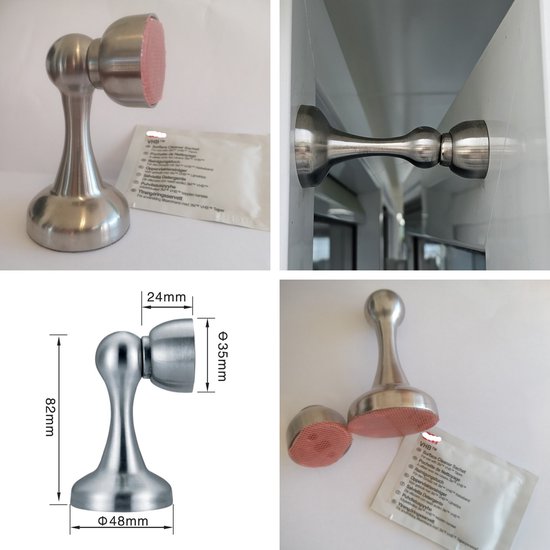 Zilverkleurige, geborstelde metalen deurstopper met ronde voet en bolvormige magnetische kop. Incl. VHB tape.