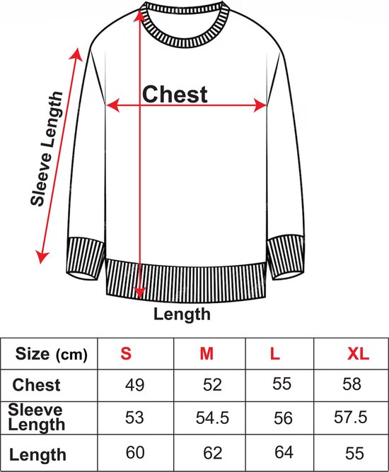 Maattabel met borstomvang, mouwlengte en lengte in cm voor maten S tot XL.