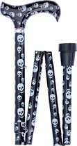 Classic Canes Opvouwbare wandelstok – Met doodshoofden - Schedels – Halloween - Zwart en wit – Verstelbaar – Lengte 82 tot 92 cm – Diameter 19 mm - Aluminium – Derby handvat – Gewicht 315 gram – Inklapbaar - Wandelstok opvouwbaar - Uitschuifbaar