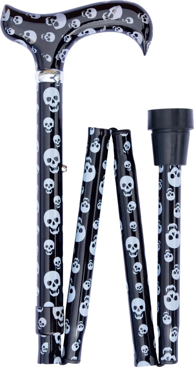 Classic Canes Opvouwbare wandelstok – Met doodshoofden - Schedels – Halloween - Zwart en wit – Verstelbaar – Lengte 82 tot 92 cm – Diameter 19 mm - Aluminium – Derby handvat – Gewicht 315 gram – Inklapbaar - Wandelstok opvouwbaar - Uitschuifbaar