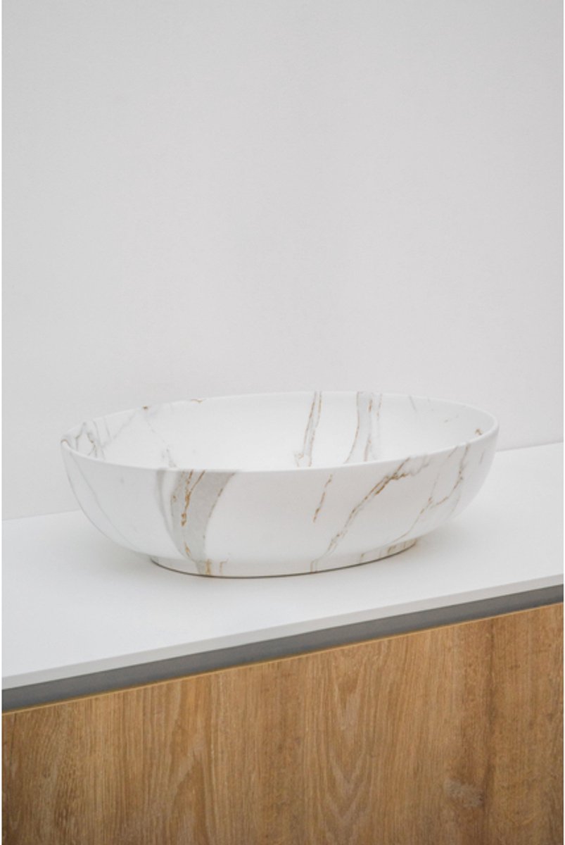 Riho Marmic Oval Waskom 52x39.5x13cm Keramiek Ovaal marmer mat wit