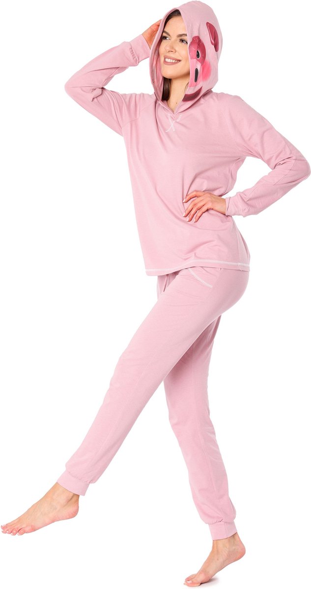 Ladeheid Dames Pyjama - met Capuchon - Lange mouwen - Lange broek - Katoen - LA-LA40-238-PJ - Roze Varkentje