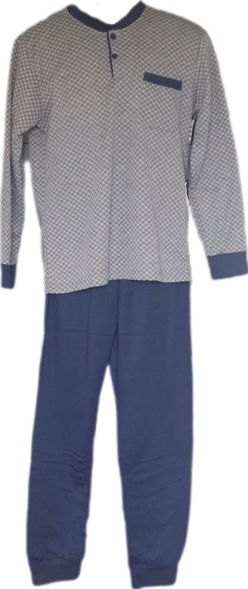 Pyjamaset met lange mouwen, geblokt grijs shirt met borstzakje en knoopjes, en effen marineblauwe broek.