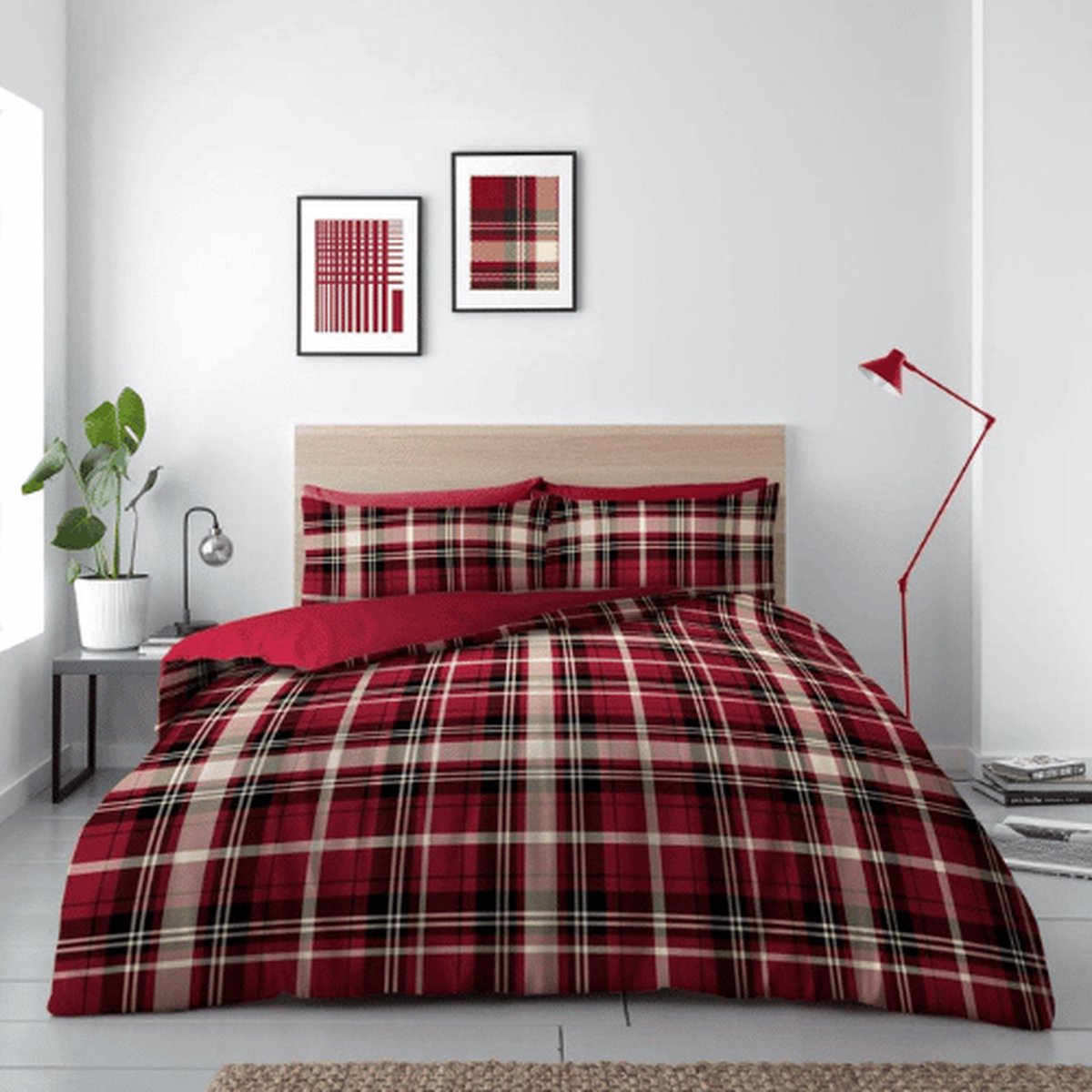 Tanner Check dekbedovertrek - lits-jumeaux - Ruitpatroon dekbed - bordeauxrood met ruitjes - geschikt voor lits jumeaux 240 x 200/220 cm.