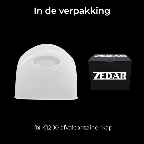 Witte Zedar afvalcontainer kap met logo, naast een zwart Zedar doosje.