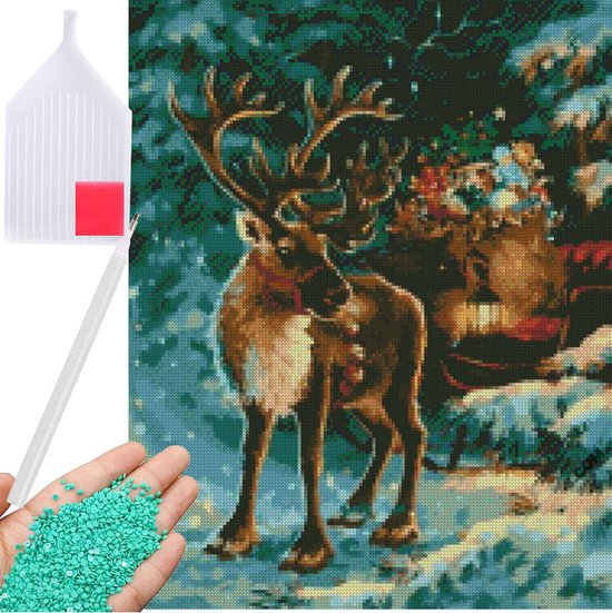 Diamond Painting - Kerstmis - Kerstman Met Slee Aan Het Zwaaien 40 X 50 Cm Volledige Bedrukking Ronde Steentjes Direct Leverbaar Kerst Slee Maan Sneeuw