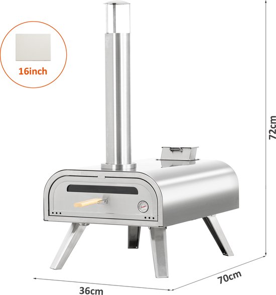 Afmetingen van een zilverkleurige pizzaoven: 36x70x72cm, met indicatie voor 16 inch pizza.