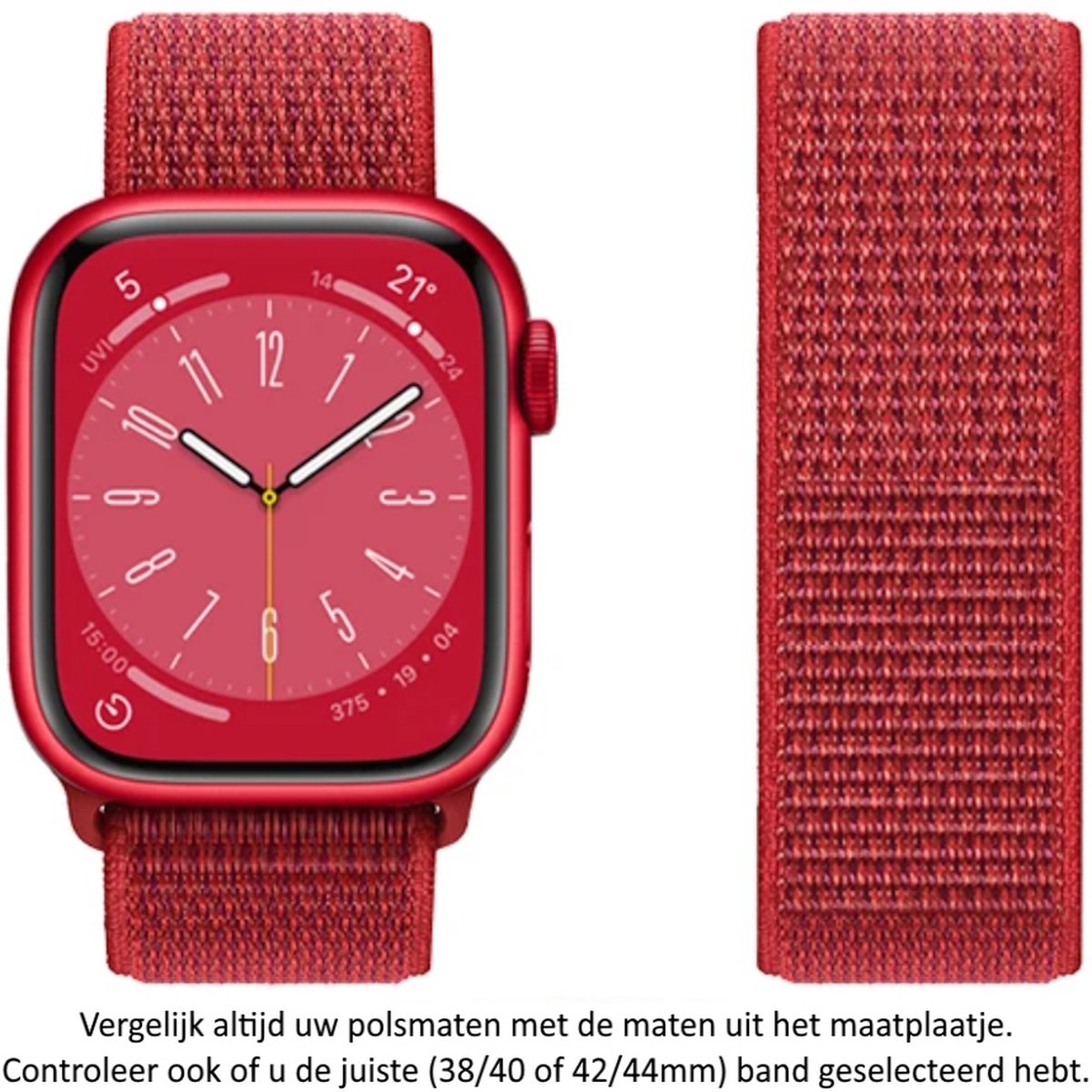 Rode Nylon Horlogeband geschikt voor Apple Watch 1, 2, 3, 4, 5, 6, 7, 8, 9, SE, 42mm, 44mm 45mm "Mannenbreedte" Series - Zacht Geweven Nylon - 42 mm, 44 mm en 45 mm - red - Rood - Maat: zie maatfoto