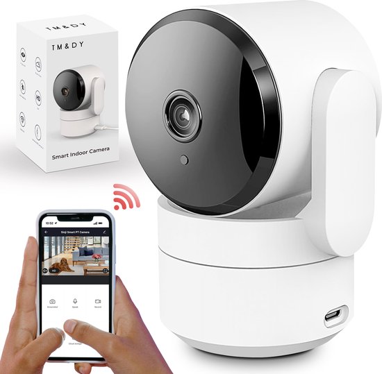 TM&DY Beveiligingscamera binnen - Huisdiercamera met app - Petcam - Babyfoon - Hondencamera - Met WiFi APP - 2K 3MP Ultra HD - Volgt beweging en geluidsdetectie - Indoor Camera - Wit
