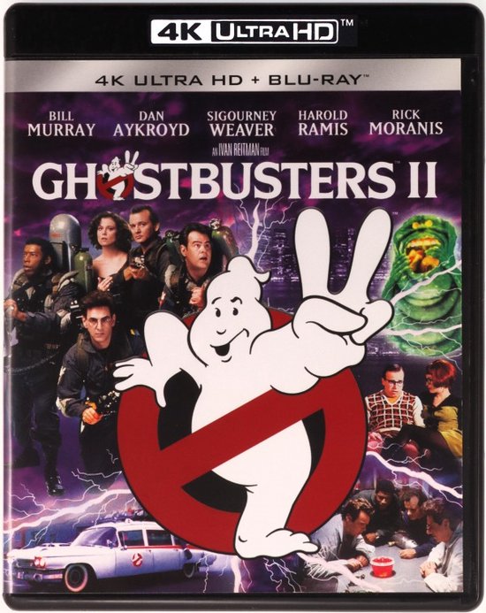 Ghostbusters II 4K Ultra HD + Blu-ray hoes, met de cast, de originele Ghostbusters auto en Slimer.