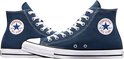Twee donkerblauwe Converse All Star sneakers met witte veters, witte neuzen en een ronde witte sterapplicatie op de zijkant.