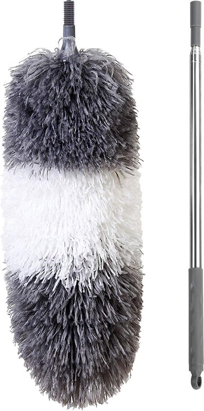Grijze en witte microvezel plumeau met grijze telescoopsteel, losse steel ernaast.