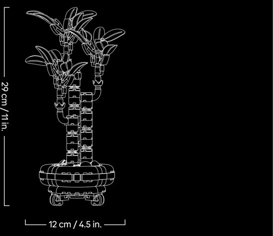 Représentation schématique d'une plante de bambou LEGO avec des dimensions.