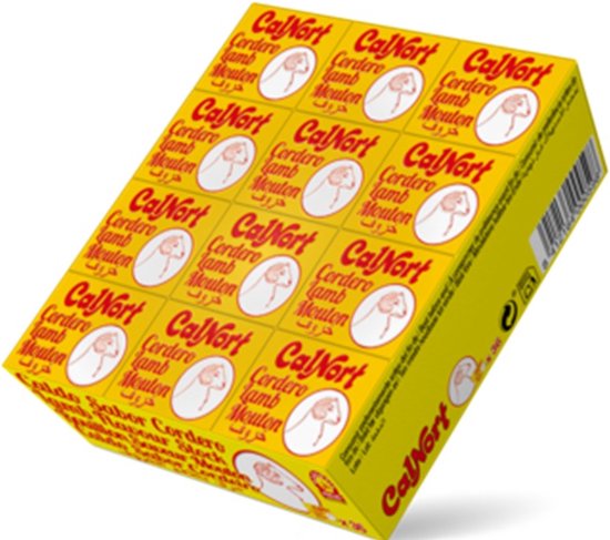 Gele verpakking met CalNort logo en lam afbeelding. "CalNort Cordero lamb Mouton" staat erop.