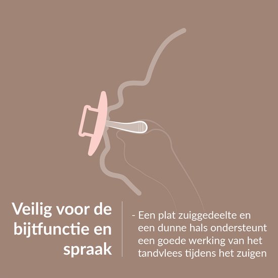 Illustratie van een Difrax fopspeen met plat zuigdeel dat de zuigreflex en spraakontwikkeling ondersteunt.