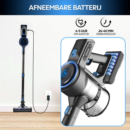 Zwarte en blauwe steelstofzuiger met afneembare batterij, opgeladen aan het stopcontact.