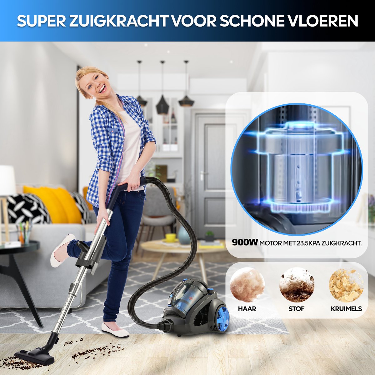 AG3100 Stofzuiger Zonder Zak - Stofzuigers - Vacuum Cleaner Zakloos - Geschikt Voor Dierenharen -900W - Sterke Zuigkracht - Blauw — afbeelding 4