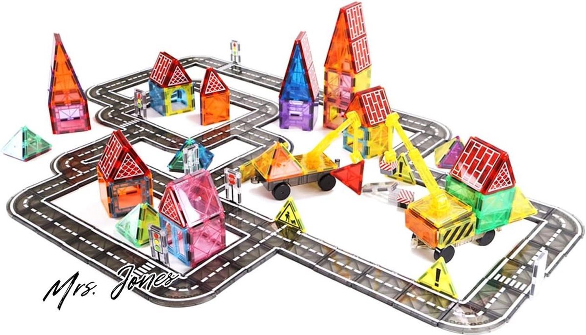 Mrs. Jones Magnetische Bakstenen Straatset Speelgoed - Kraan Stadsbouw STEM Magneetblokken - Jongens Drager .