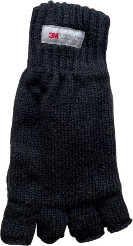 Zwarte vingerloze gebreide handschoen met een 3M Thinsulate label.