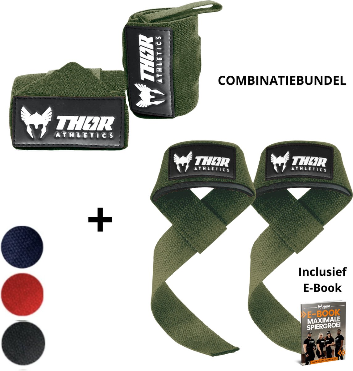 Thor Athletics Lifting Straps incl. Wrist Wraps 60cm (Flexibel) - Combinatie Bundel - Krachttraining Accessoires - Powerlifting Straps - Polsbrace - Army Green - Inclusief E-Book - One Size
