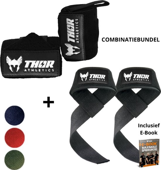 Sangles de levage Thor Athletics + Bandes de poignet 60 cm (Extra résistantes) - Pack combiné - Accessoires de vêtements pour bébé de Musculation - Sangles d'haltérophilie - Attelle de poignet - Zwart - Livre électronique inclus