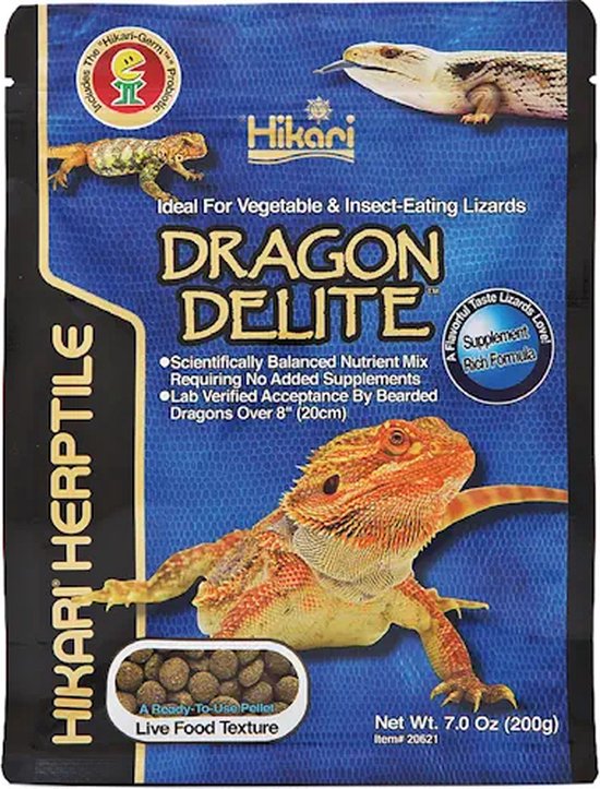 Blauwe verpakking met "Dragon Delite" logo, een baardagaam, een blauwtongskink en kleine hagedissen. Bevat 200 gram voer.