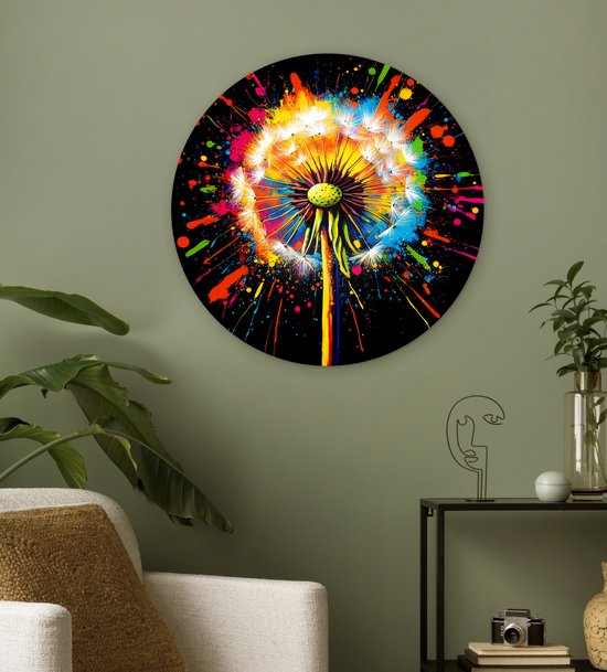 WallCircle® Wandcirkel 60x60 cm - Muurcirkel Paardenbloem - Graffiti - Kleurrijk - Bloemen - Natuur - Muurdecoratie woonkamer - Wanddecoratie slaapkamer - Kamer decoratie accessoires - Ronde schilderijen