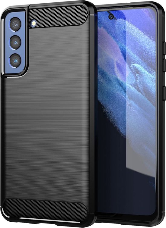 Samsung Galaxy S21 FE Hoesje - MobyDefend TPU Backcover - Geborstelde Metaal & Carbon-Look - Zwart - GSM Hoesje - Telefoonhoesje Geschikt Voor: Samsung Galaxy S21 FE