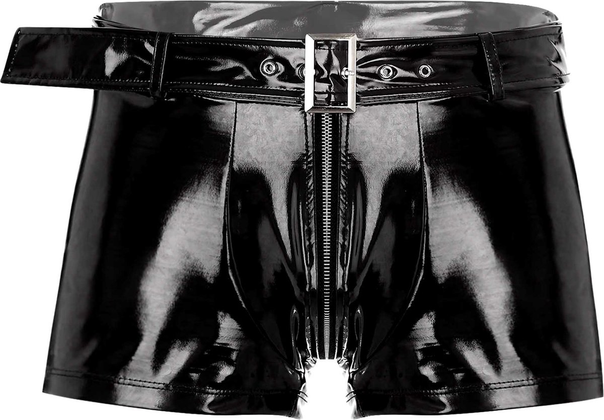 Goedkoopste Heren Latex Wetlook Boxershort - Riem en gesp - Faux Leather - Lingerie - Ondergoed - Zwart