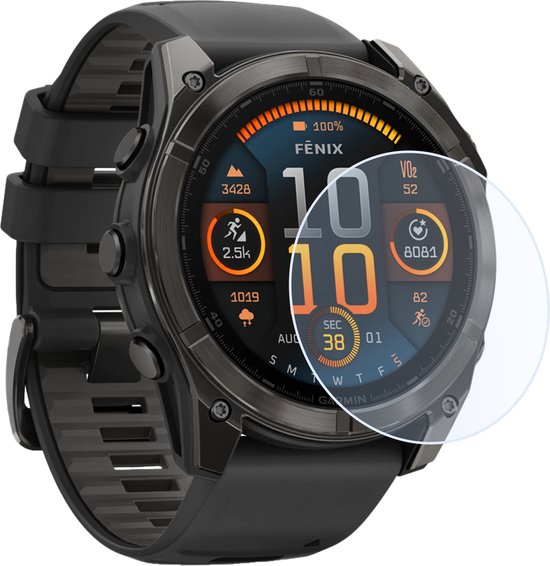 Zwarte Garmin Fenix smartwatch met transparante screenprotector. Scherm toont "10 10" en trainingsstatistieken.