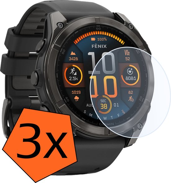 3x screenprotectors voor Garmin Fenix, met ronde en rechte randen, en '3X' op een oranje vlak.