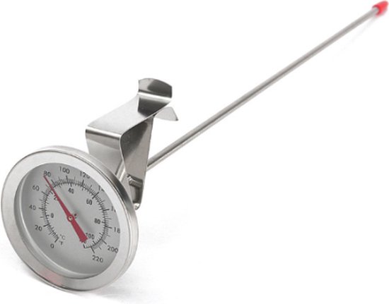 Thermometer met wijzerplaat en metalen staaf, inclusief klem.