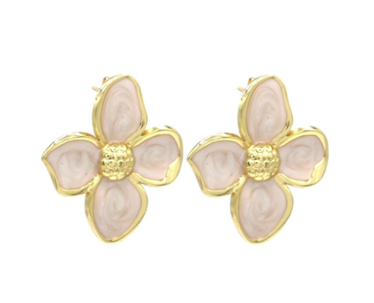 Oorbellen bloem - Stainless Steel - Goudkleurig, roze - 3 Centimeter - Damesdingetjes