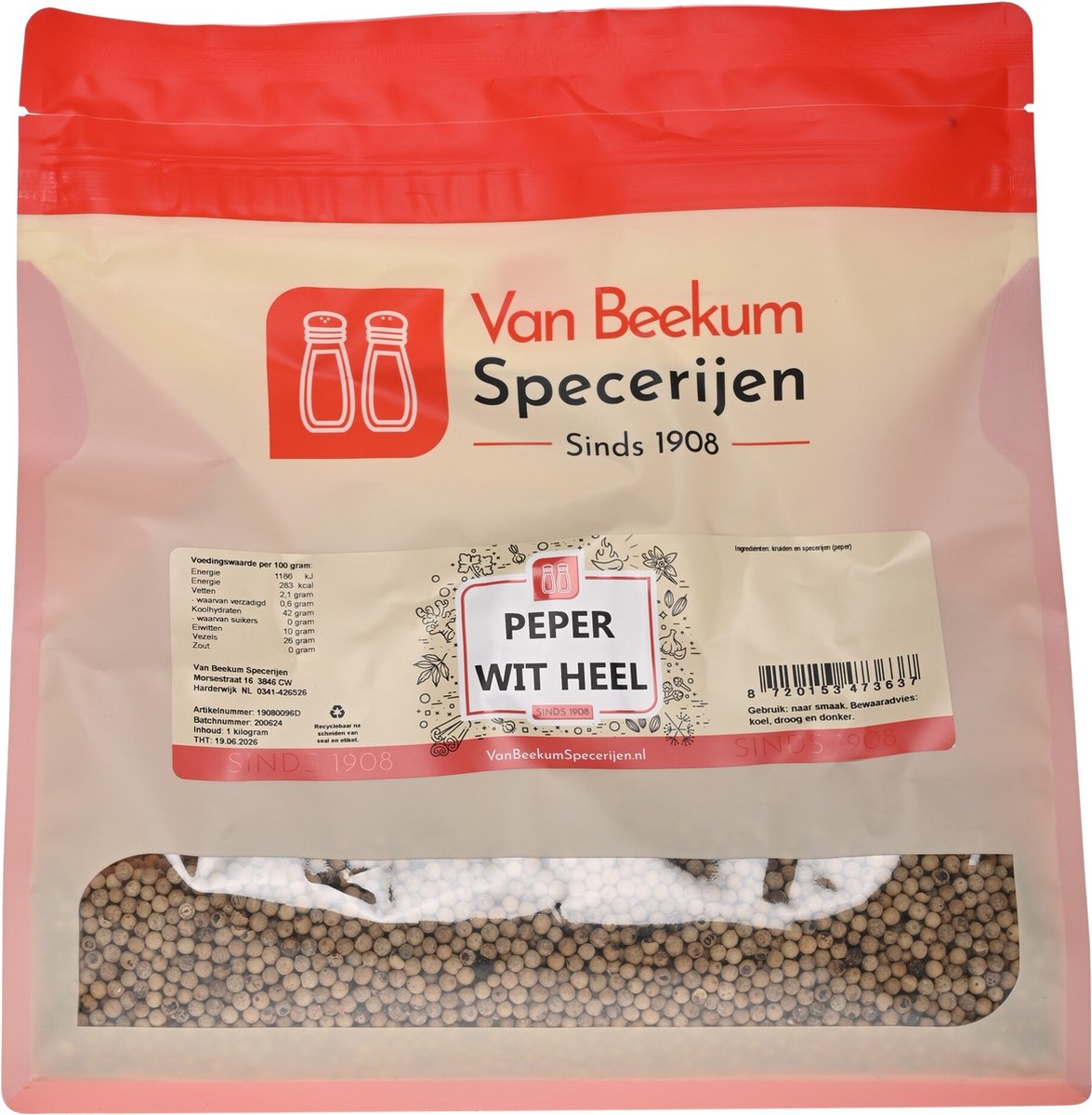 Goedkoopste Van Beekum Specerijen - Peper Wit Heel - 1 kilo (hersluitbare stazak