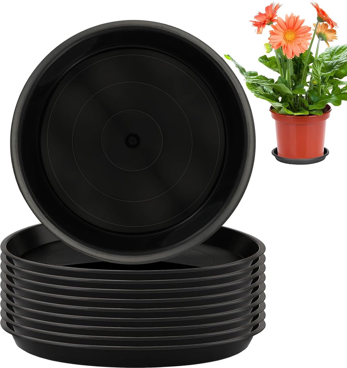 Bloempot met Onderzetter - Kunststof - Geschikt voor Binnen en Buiten - 10 Stuks - Zwart - 15 cm