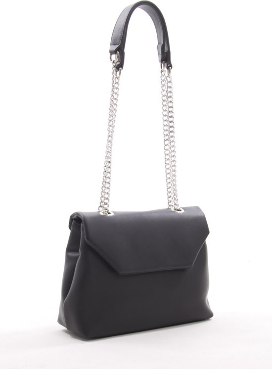 Fume London Dames Crossbody Schoudertas met klep met ketting verstelbare schouderketting met veel vakken - Zwart - FB3205