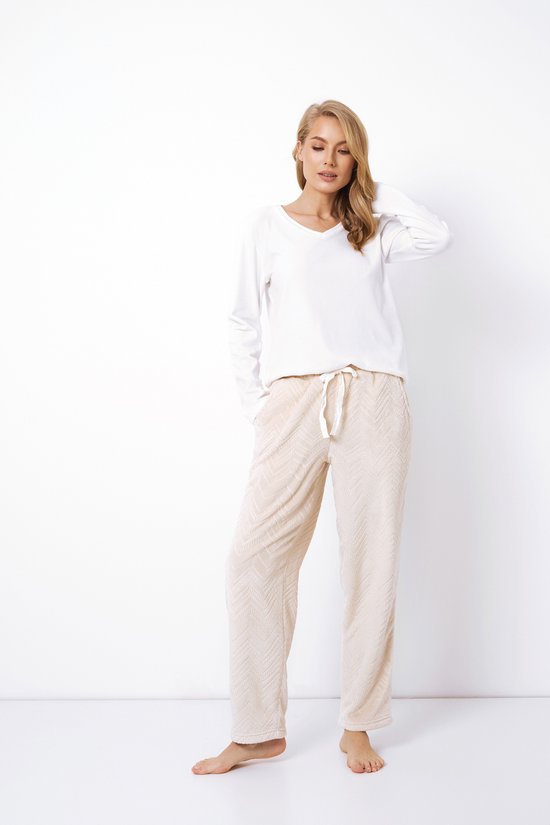 Dames Pyjama Zahra-Lange Mouwen-V-Hals Top & Broek met Zakken-Verstelbare Taille-Beige-Wit-Maat XL