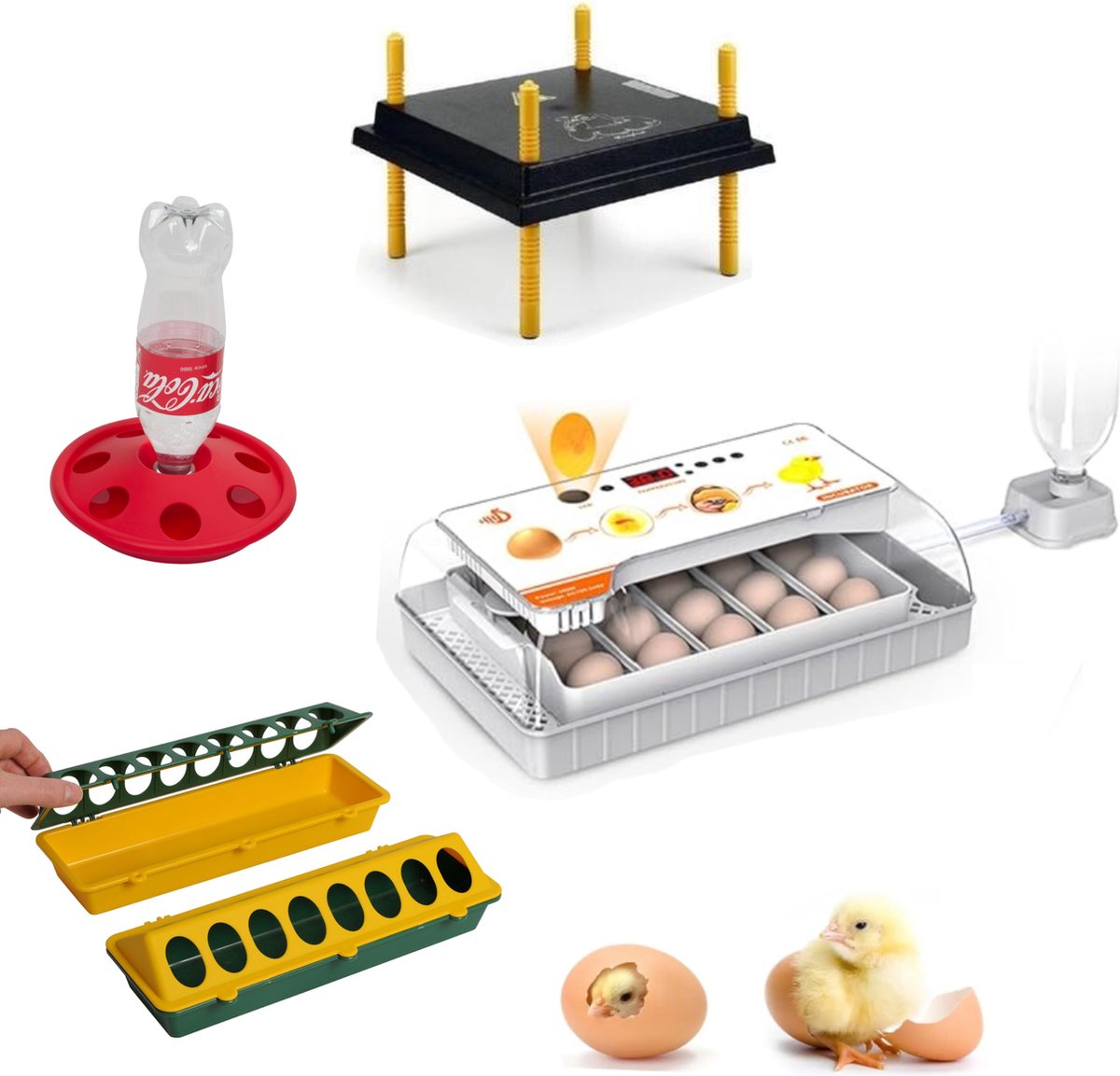 UniEgg™ Kuikenpakket Slimme broedmachine M20 vol automatische broedproces | Ingebouwde Schouwlamp + Hygrometer | Warmteplaat tot 25 kuikens | Voerbak voor 500 gram voer | drinkbak tot 1 liter