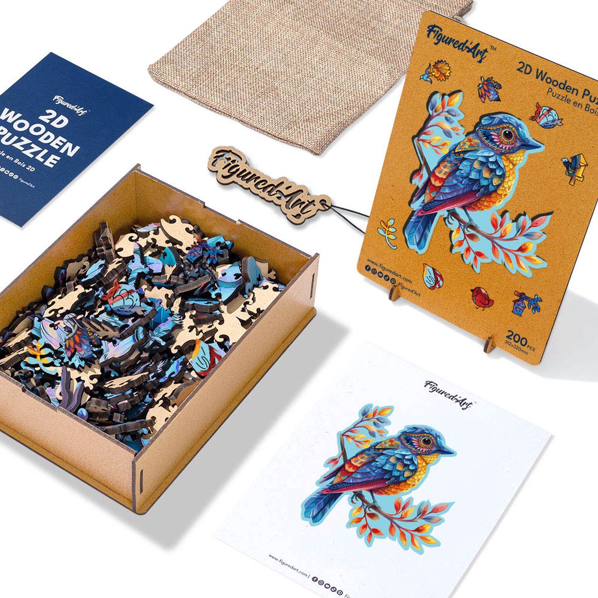 Figured'Art Houten Puzzel 200 Stukjes Volwassenen en Kinderen - Dieren - Blauwe Vogel op de Tak - Uniek Design 31,2x32 cm met Premium Houten Doos, Perfect als Cadeau — cadeau in Spellen & Speelgoed - foto 5