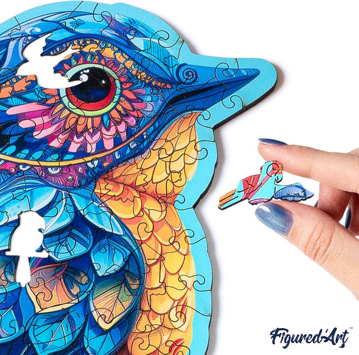 Figured'Art Houten Puzzel 200 Stukjes Volwassenen en Kinderen - Dieren - Blauwe Vogel op de Tak - Uniek Design 31,2x32 cm met Premium Houten Doos, Perfect als Cadeau — cadeau in Spellen & Speelgoed - foto 2